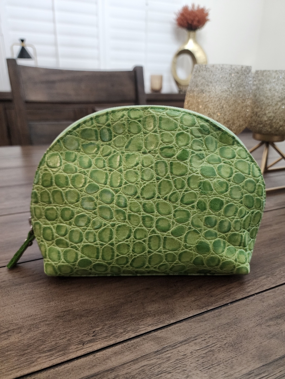 Valentina Green Croc-Embossed Dome Cosmetic Pouch Made In Italy